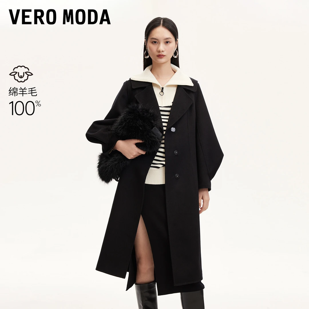 Vero Moda毛呢大衣女气质早秋新款纯绵羊毛打褶袖口通勤高级外套
