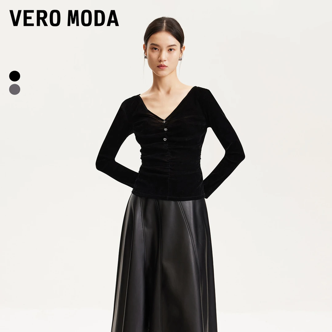Vero Moda商场同款新品T恤女丝绒质感心型纽扣褶皱设计洋气衣服