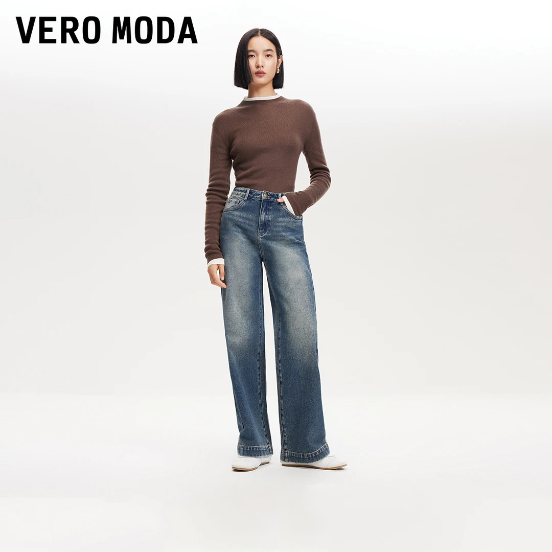Vero Moda牛仔裤女25后口袋印花复古阔腿直筒裤洋气高级感知性风