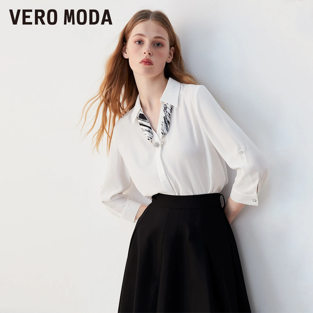 Vero Moda衬衫女早秋新款优雅通勤简约V领七分袖时尚高级感品质