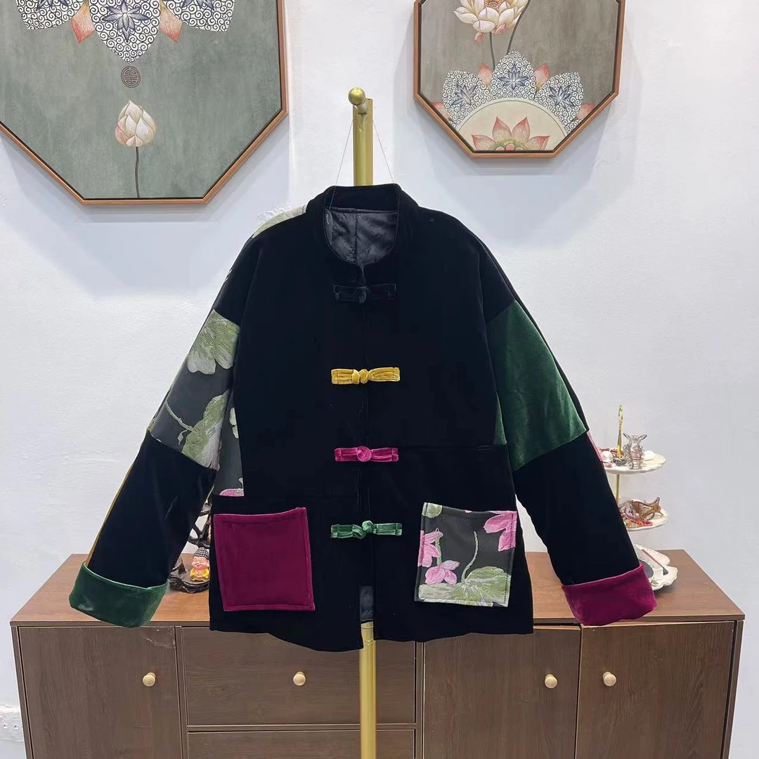 民族风2024秋冬丝绒拼接新中式国风设计感彩色盘扣宽松加棉外套