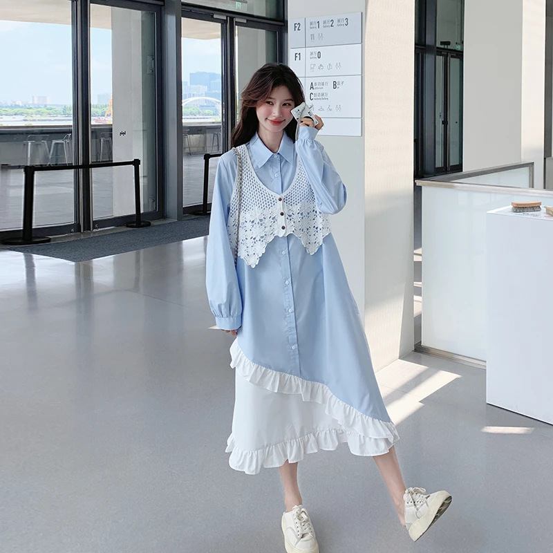 蓝色POLO领衬衫连衣裙镂空马甲两件套女春秋季新款时尚小清新套装