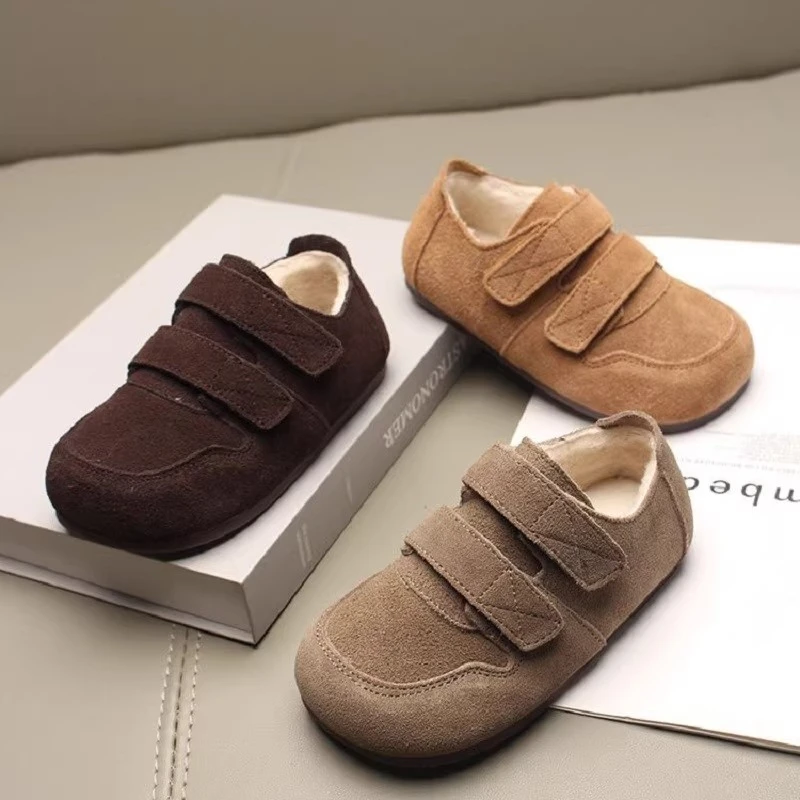 儿童加绒勃肯鞋2024秋季保暖宝宝皮鞋磨砂皮软底女童豆豆鞋冬季