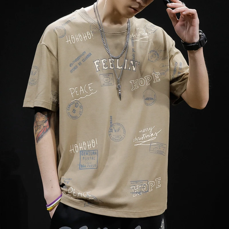 潮牌美式复古短袖T恤男字母纯棉宽松大码半袖新款休闲男士打底衫