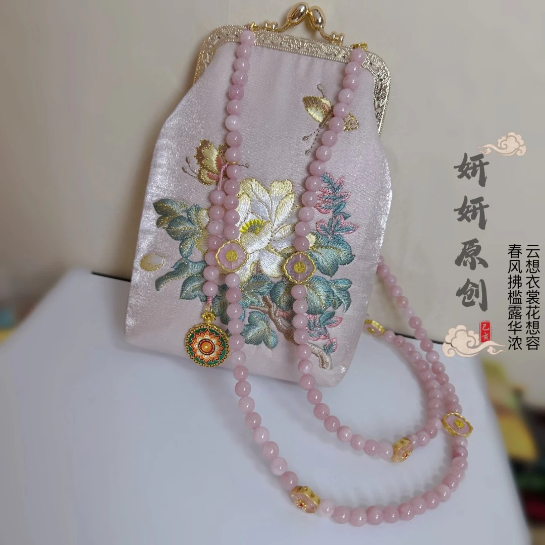 非金属仿水晶项链 春季新款新国风刺绣牡丹斜挎包手机包女