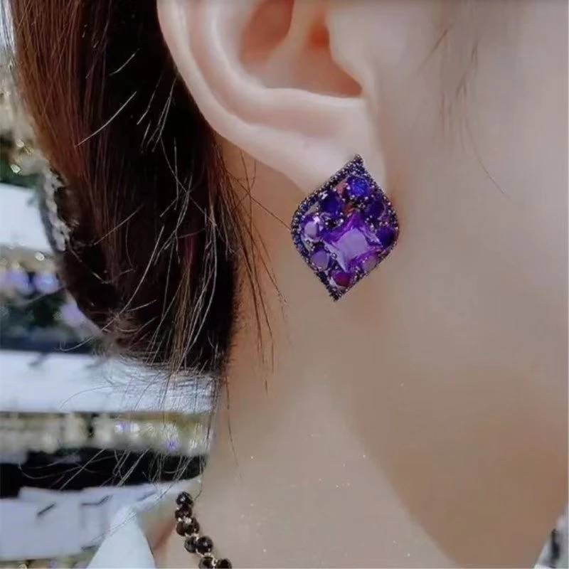 闪亮紫色水晶耳环女夸张个性耳饰时尚高级复古耳钉银针