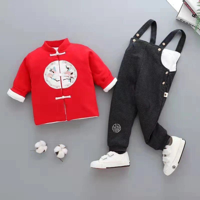 婴儿夹棉背带裤两件套春秋纯薄棉3-12个月男女宝宝薄棉棉衣外出服