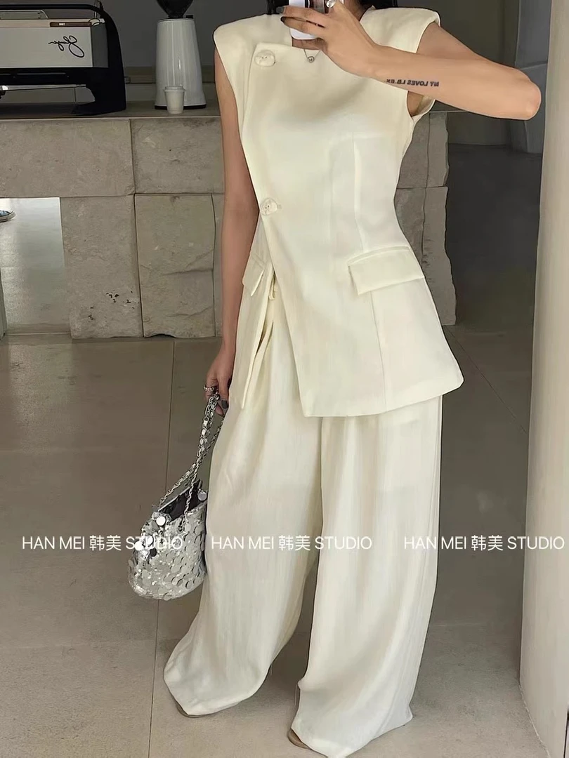 两件套女2024新款老钱风斜扣西装马甲高腰阔腿长裤
