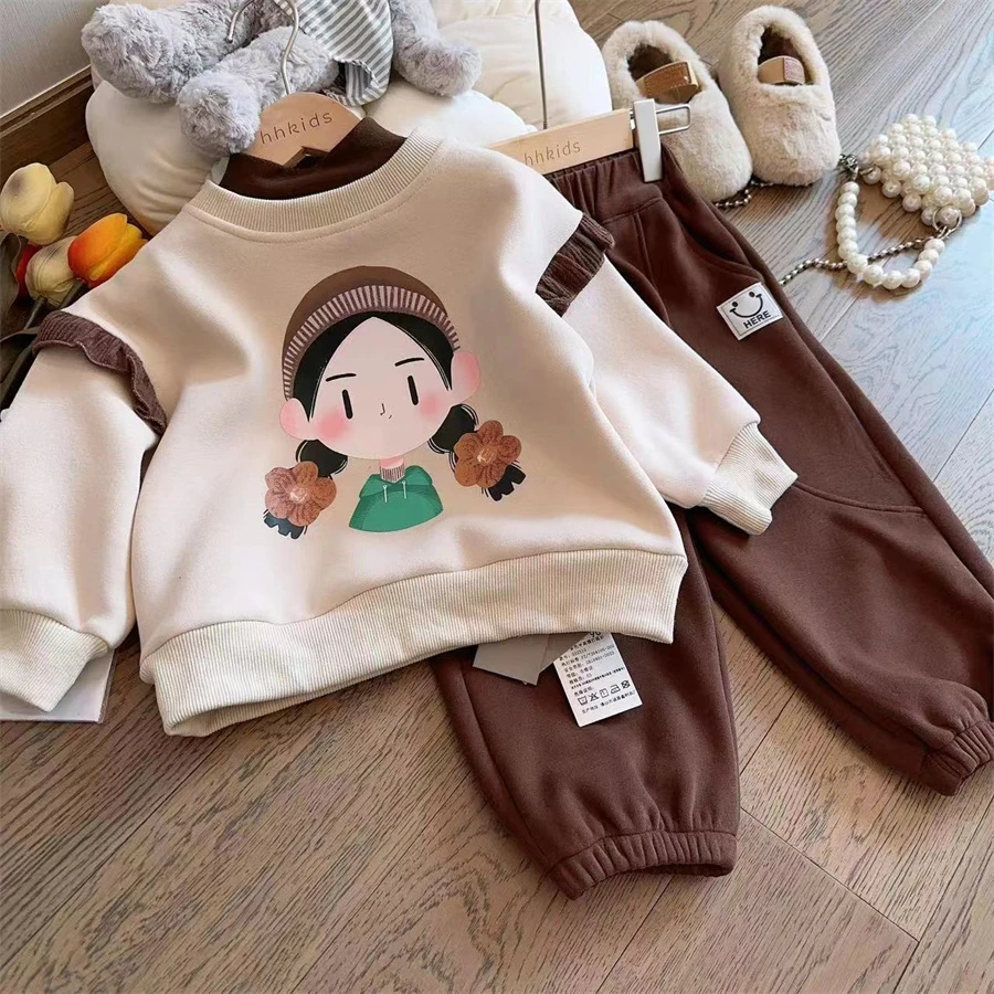 HHkids女童冬装套装时髦卡通卫衣套装2023新款休闲裤两件套FTZ406