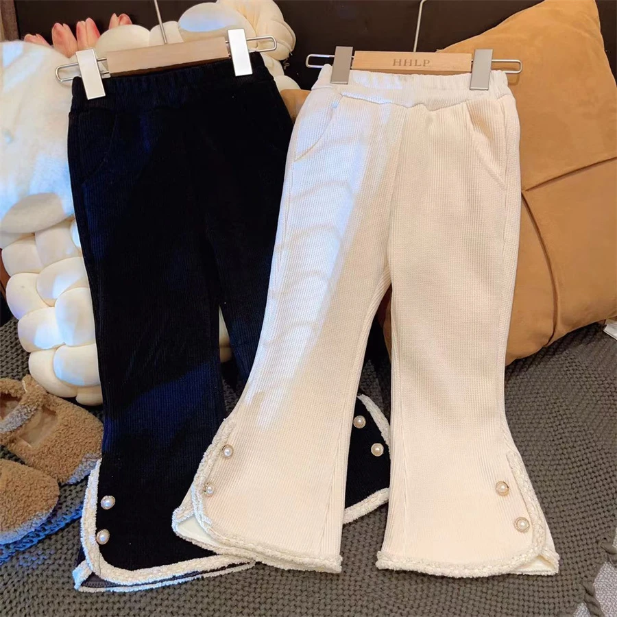 HHkids女童加绒裤子2023中小童开叉喇叭裤秋冬儿童休闲长裤FKZ226