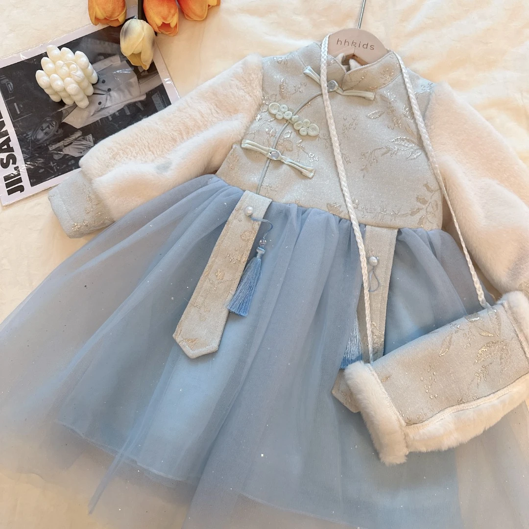 hhkids女童中国风民族风旗袍连衣裙2023冬新盘扣带包风裙子FQZ543