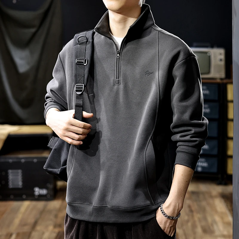 美式重磅磨毛亲肤半拉链立领卫衣男士秋季大码复古硬汉保罗polo衫