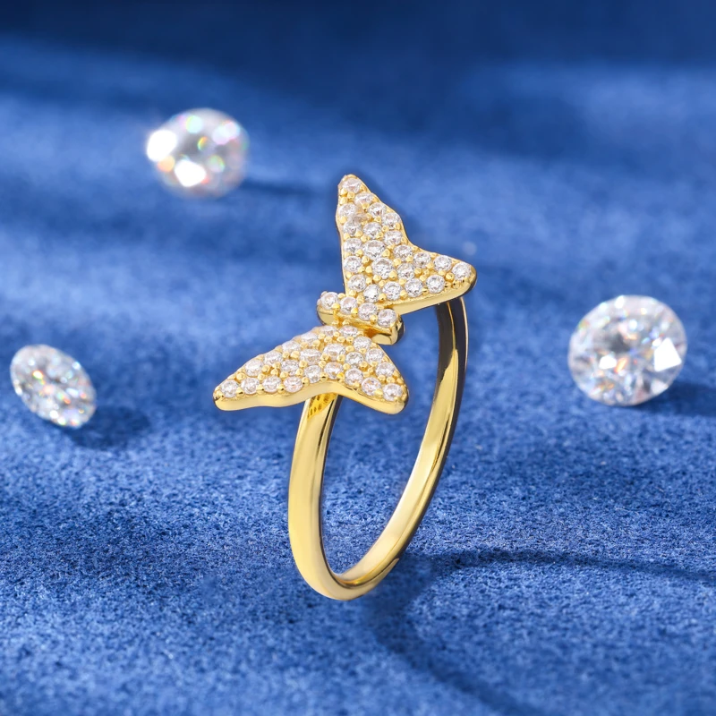 925银莫桑石戒指 2025新款纯银莫桑钻蝴蝶戒指女高级时尚气质满钻