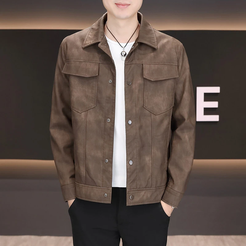 翻领皮夹克外套秋季新款男士百搭翻领纯色轻奢休闲夹克男9803