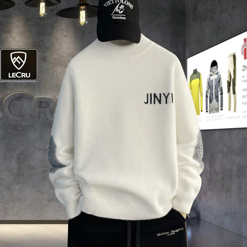 高品质仿水貂绒毛衣男士休闲百搭潮流圆领宽松加厚半高领243030