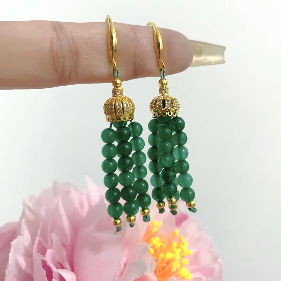 铜合金石英石耳饰 198号绿色流苏耳坠国风耳勾
