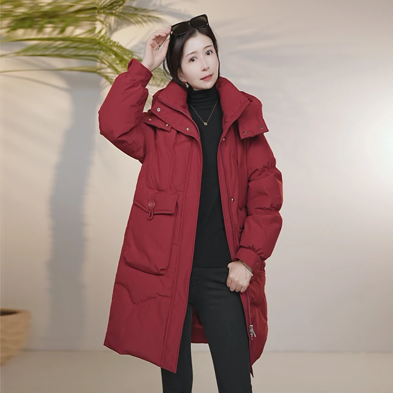 2024冬季新款加厚保暖休闲中长款时尚百搭女款连帽羽绒服6893