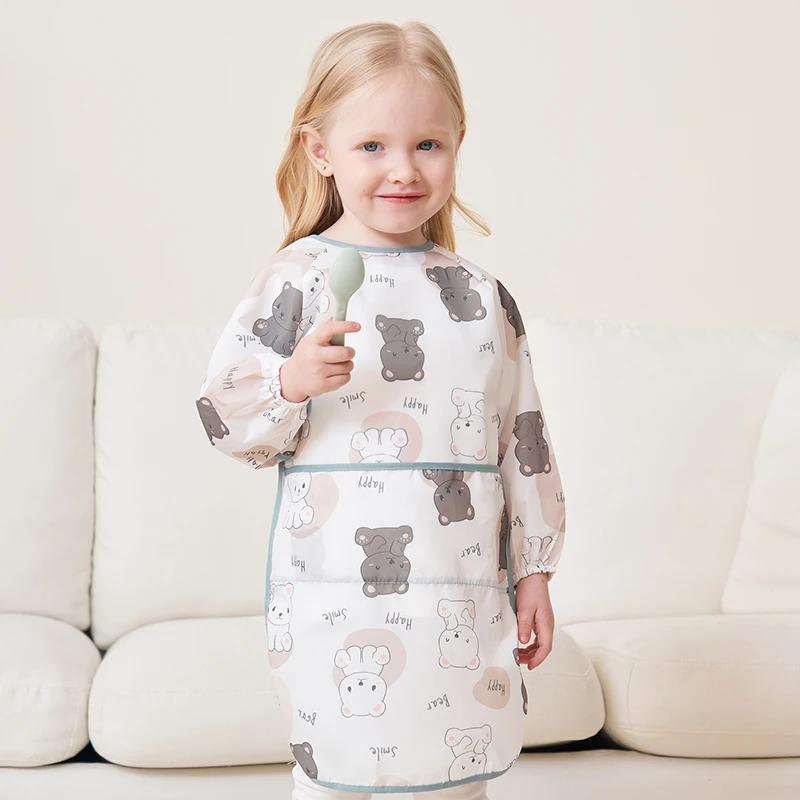 宝宝罩衣加长款儿童围裙防水防脏反穿衣长袖饭兜女孩婴儿画画护衣