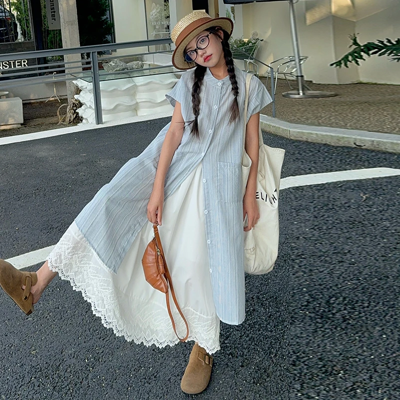 法式甜美条纹短袖衬衫连衣裙女夏季海边度假风气质宽松显瘦A字裙