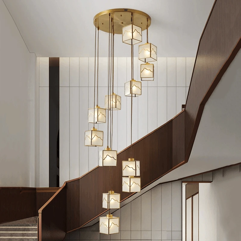 新中式楼梯灯全铜焊锡灯罩别墅自建房酒店旋转楼梯灯中山灯具新款