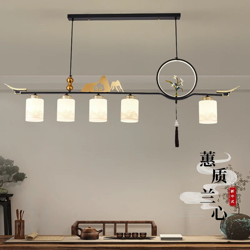 新中式餐桌简约禅意轻奢长条灯餐厅客厅书房家用茶室吧台国风吊灯