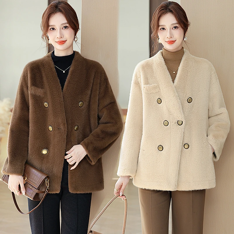 【霖夕精选】气质短款V领皮毛一体时尚环保小香风毛毛外套女