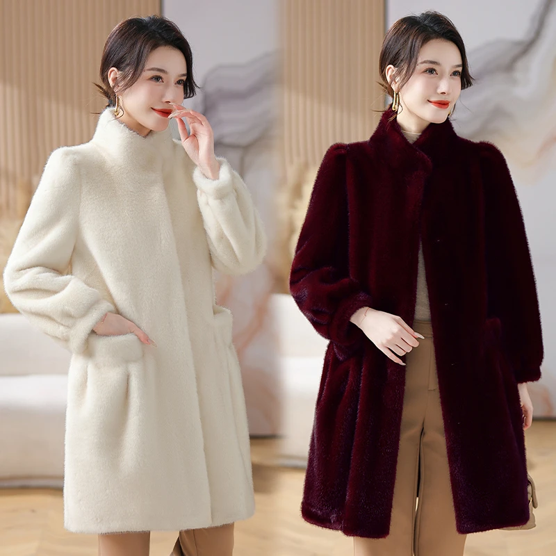冬装高档女士加厚皮毛一体仿水貂绒外套中长款新中式时尚大衣