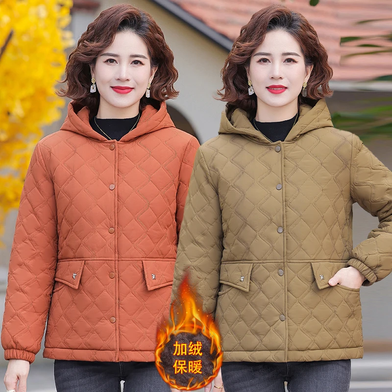 【霖夕精选】冬季加绒加厚棉服 休闲菱格 连帽加绒保暖 宽松百搭