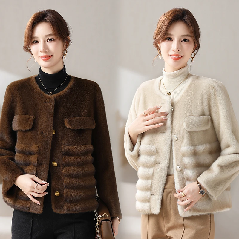 新款小香风仿皮草皮毛一体高档短款冬季上衣洋气冬装仿貂绒外套女