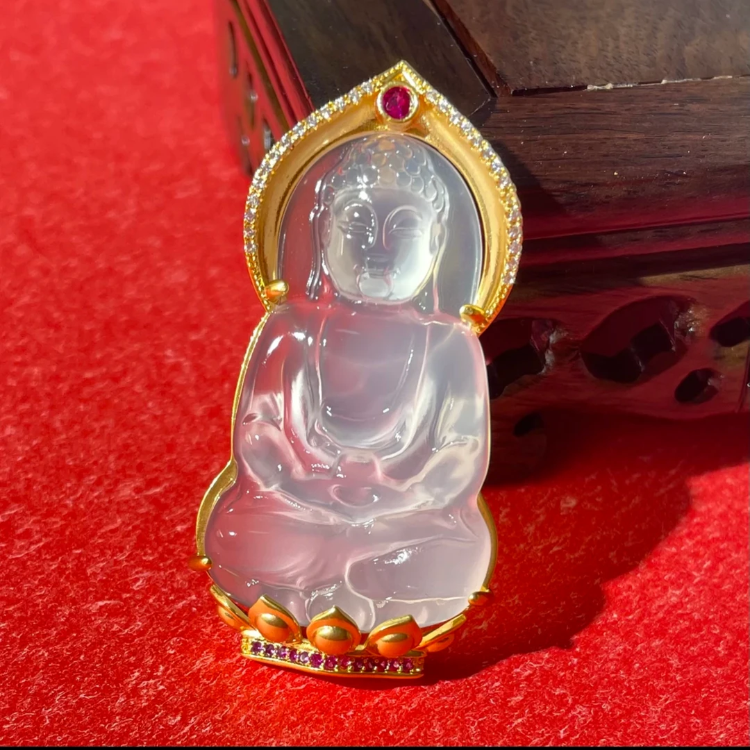 殿堂级珠宝一天然白冰透精致大日如来精品男女同款镶嵌玉髓吊坠
