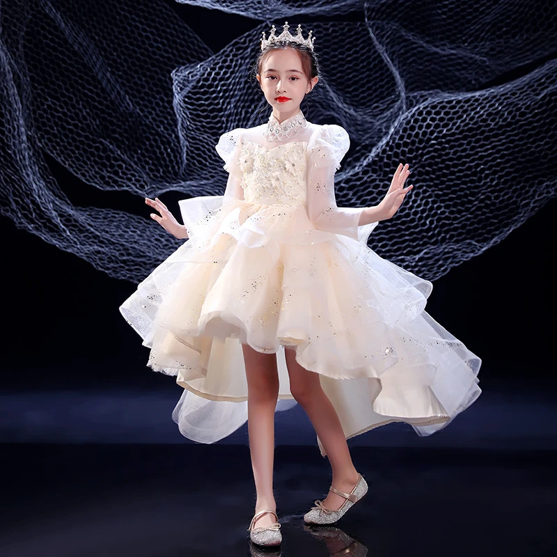 花童婚礼小女孩礼服国庆儿童婚纱长袖生日公主裙女童钢琴演奏服