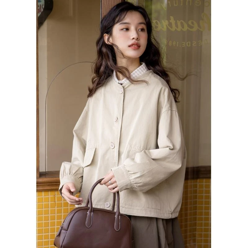 日系简约圆领工装外套女2024春季新款文艺复古慵懒风短款百搭上衣