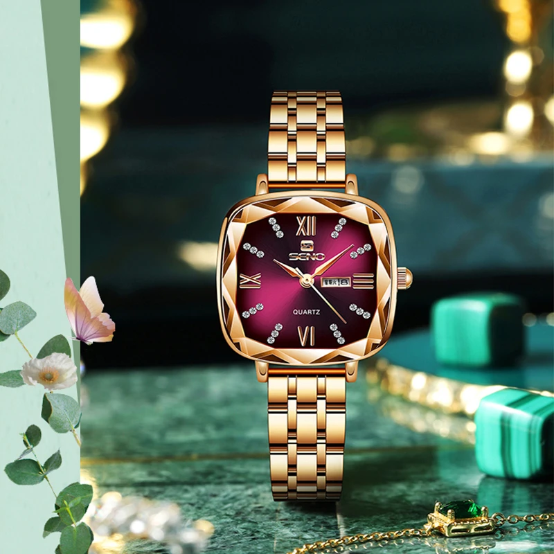 女士手表爆款双日历女款钢带手表小方盘防水高级感时装石英腕表