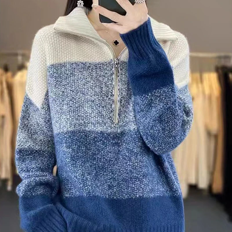 轻奢时髦拼接渐变色高领半拉链加厚毛衣女休闲慵懒风翻领保暖上衣