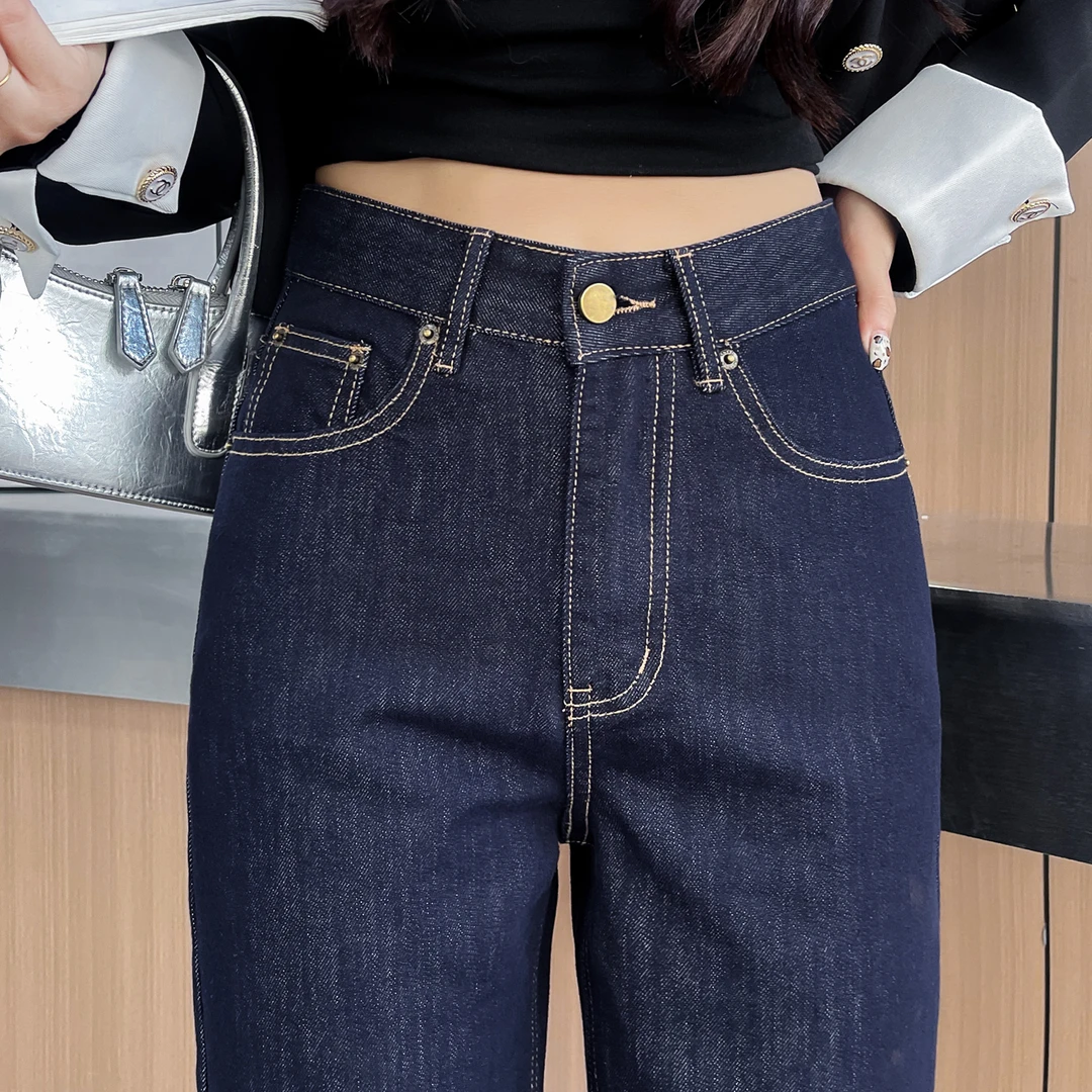 丹宁原牛秋冬新款复古风窄版阔腿牛仔女裤修身显瘦百搭洋气经典