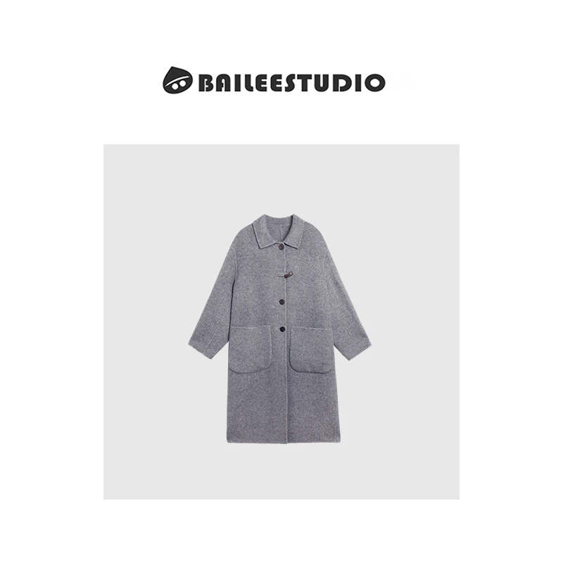 【柏栗良品】秋冬新品~气质翻领单牛角扣双面呢大衣毛呢外套W2635