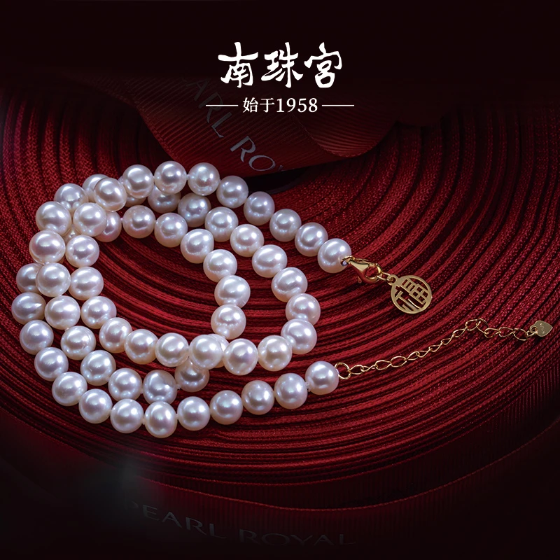 南珠宫福气满满淡水珍珠项链椭圆送妈妈白色珠链强光百搭X096D