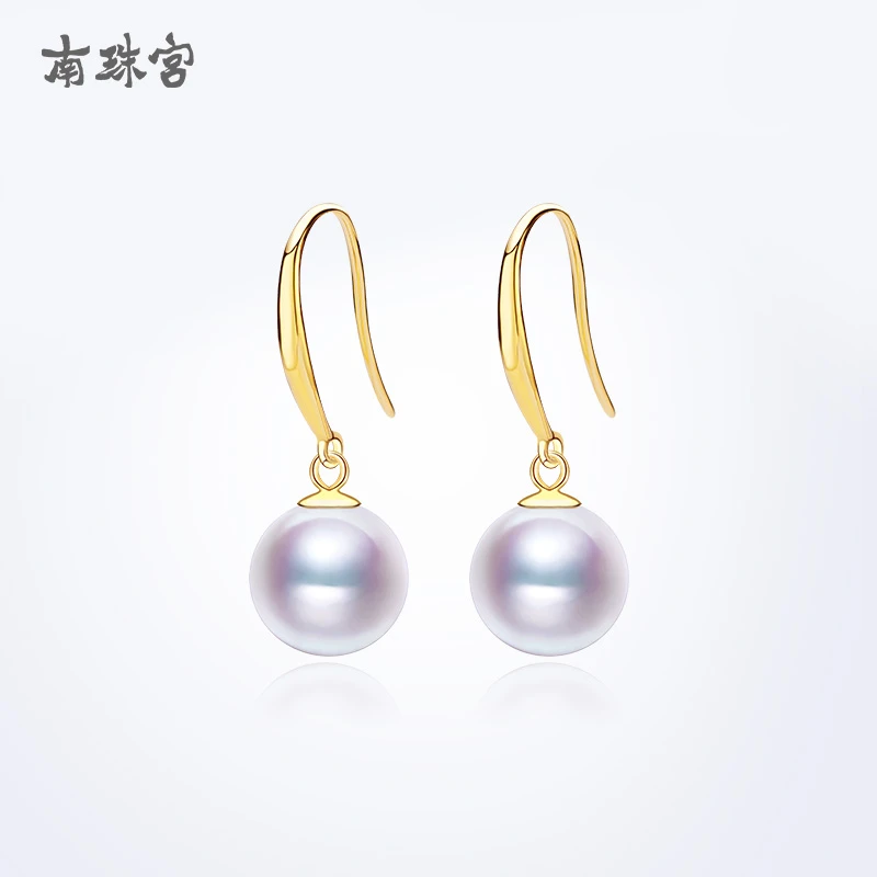 南珠宫一生 真海水珍珠耳环耳钉白色18K金圆强光送妈妈E029KN