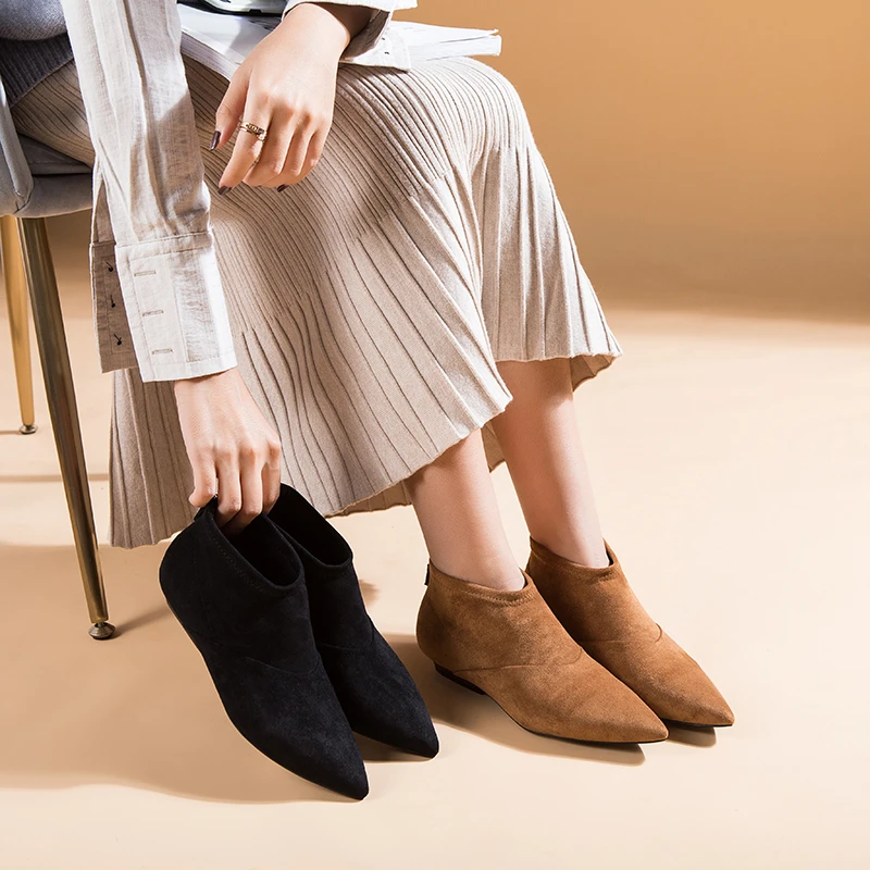 【气质女神】低跟短靴女裸靴尖头平底 粗跟切尔西鞋袜靴女超火ins