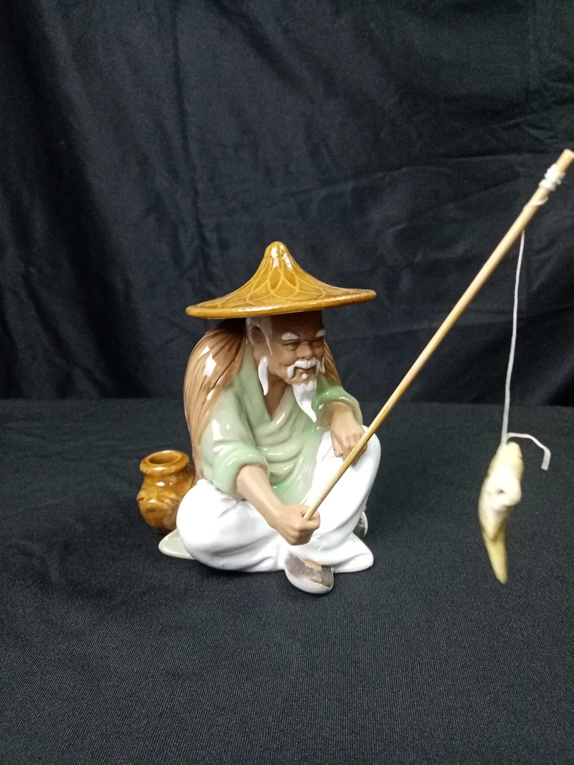 石湾公仔陶艺渔翁得利摆件陶瓷人物盆景假山装饰品姜太公钓鱼公仔