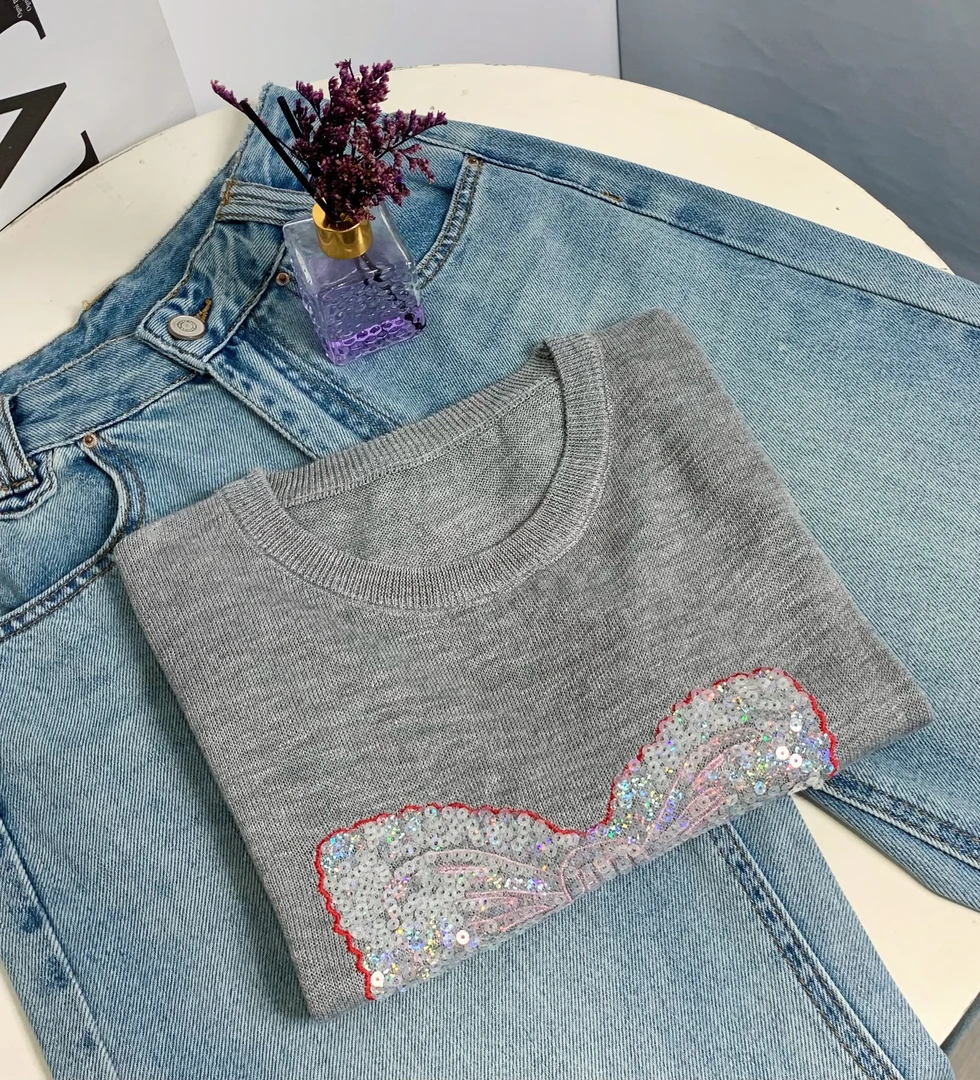 清-玲姐家灰色蝴蝶结圆领针织短袖171469