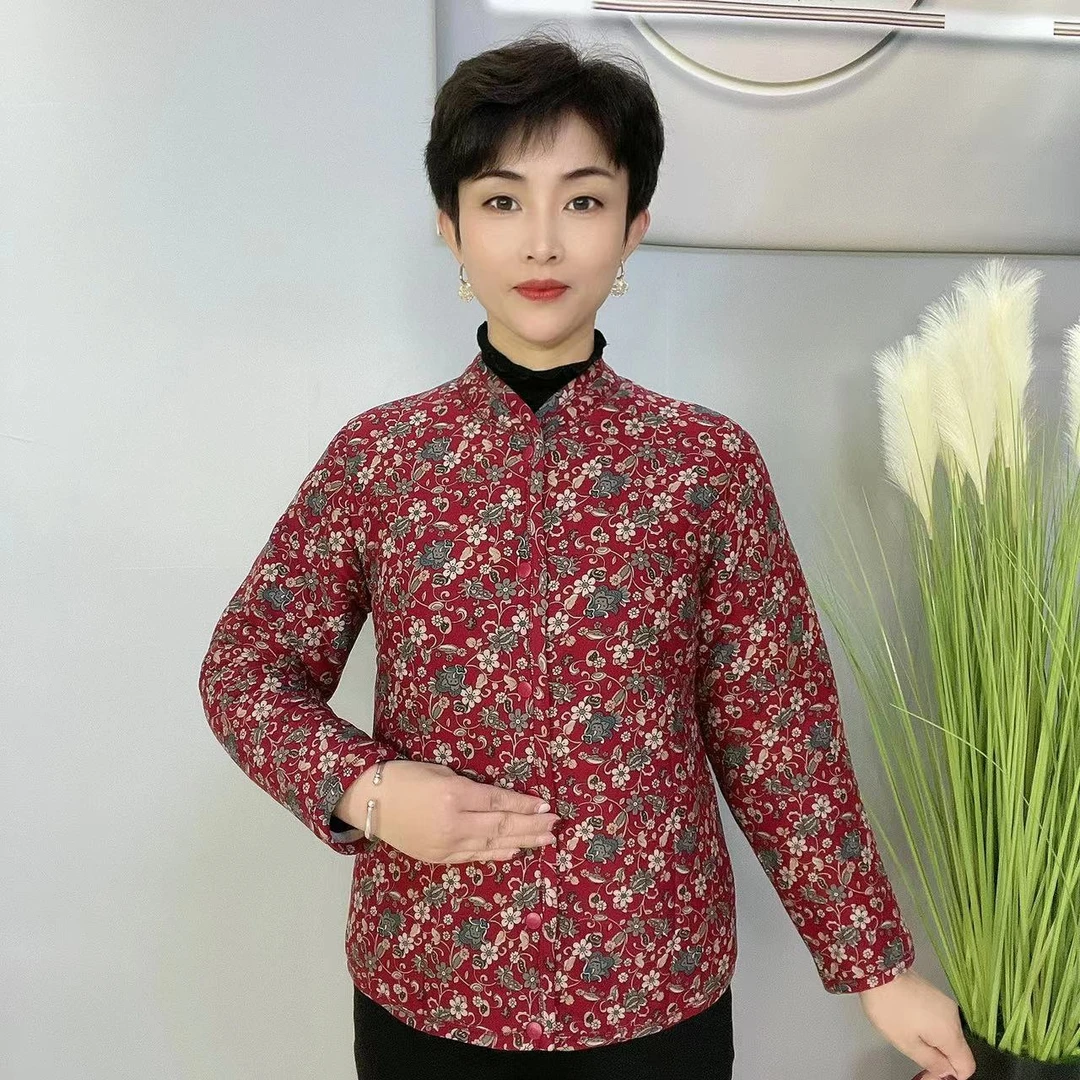 【 加厚婴儿绒内里 】【红底小牡丹花】 中老年妈妈款 驼绒棉袄