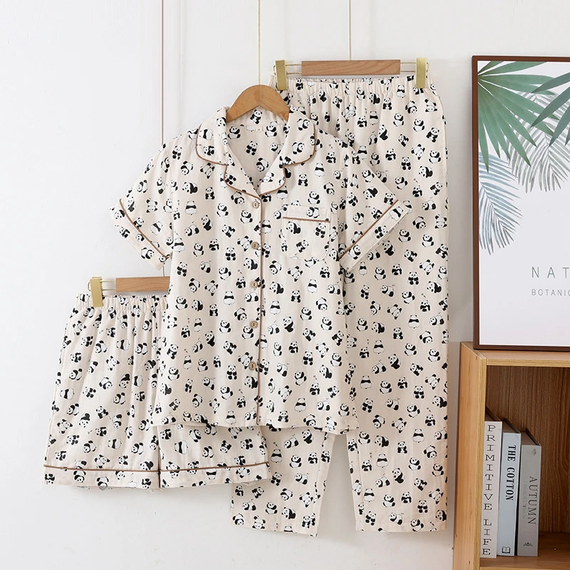 纯棉双层纱薄款夏季睡衣女套装三件套女童洋气夏季短袖短裤家居服