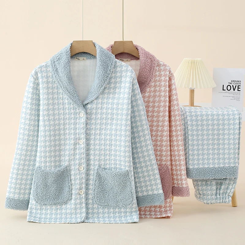 夹棉秋冬新款空气棉保暖睡衣简约可外穿千鸟格加厚家居服睡衣套装