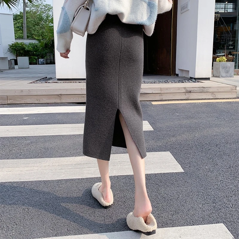 美拉德穿搭针织半身裙女秋冬修身显瘦中长款包臀直筒开叉一步长裙