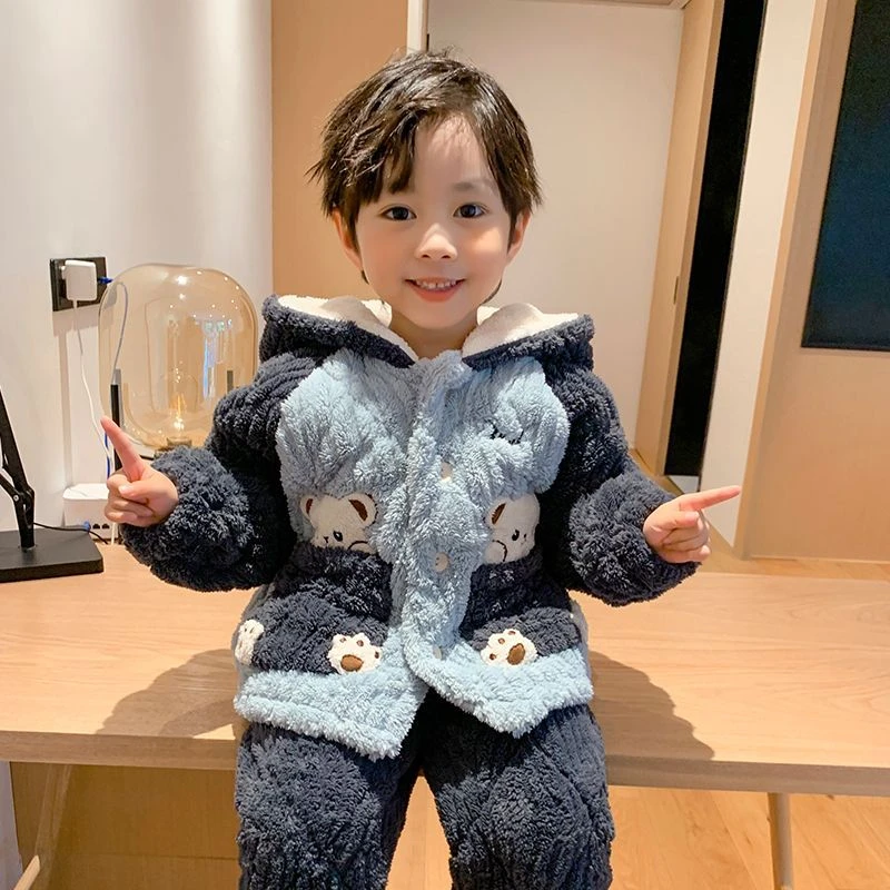 带帽可爱卡通加厚夹棉秋冬季男童宝宝小孩爆款睡衣家居服珊瑚绒