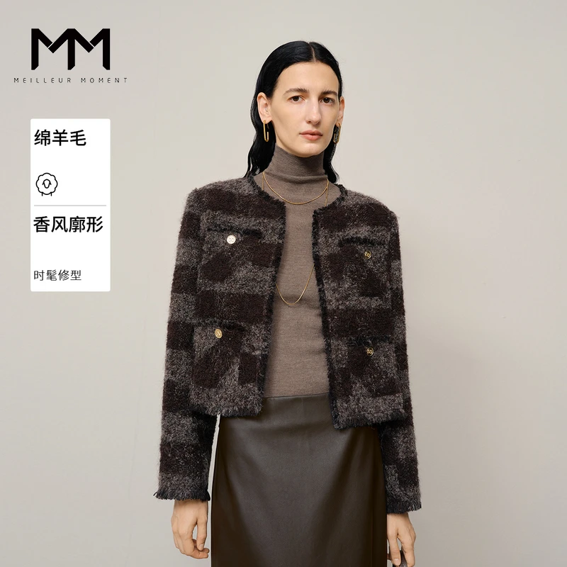 MM麦檬商场同款24秋冬新品绵羊毛深栗色时尚气质短外套5FA214211