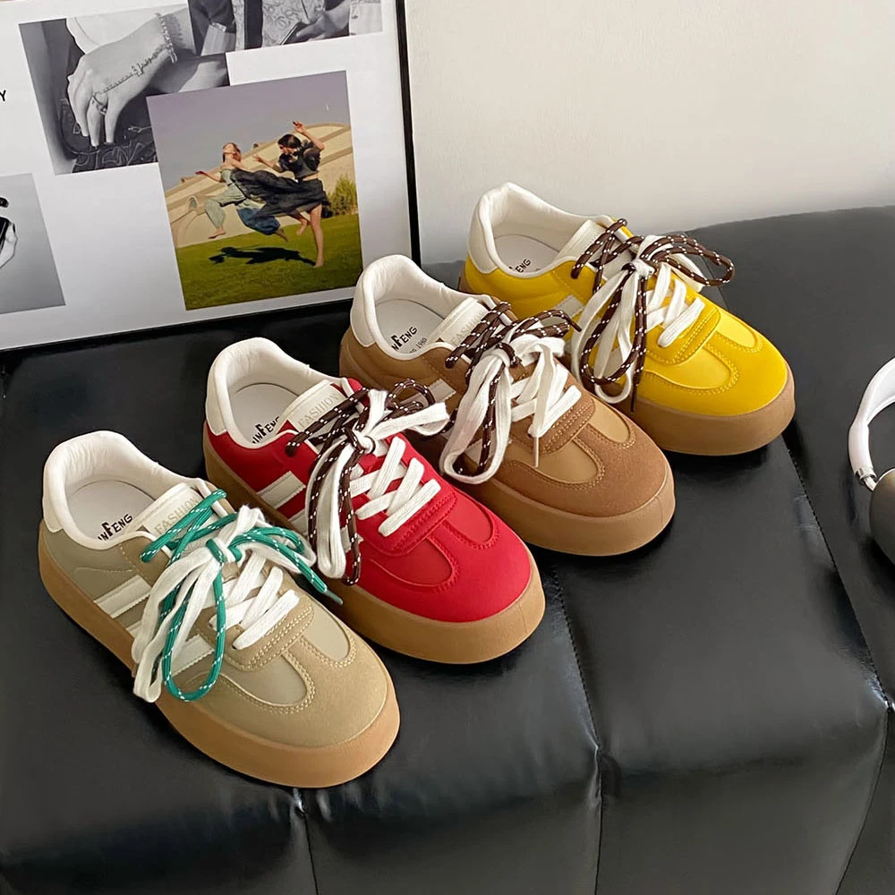 复古棕色德训阿甘鞋女2024秋冬厚底皮面小白鞋百搭增高运动休闲鞋