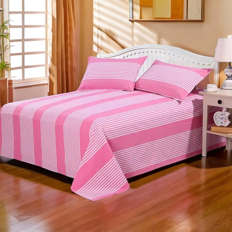 老粗布条纹床单纯棉加厚单人1.5米家庭双人床防滑2大床单粗布枕套