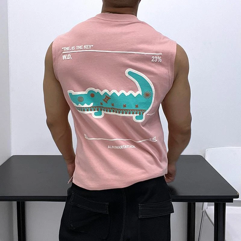 300斤加大码纯棉印花小领口无袖T恤背心男装夏季休闲宽松加肥上衣